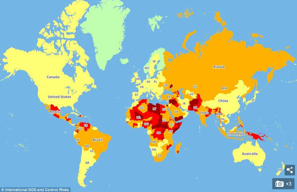Создана карта самых опасных стран для туристов